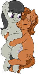 Size: 2326x4422 | Tagged: safe, artist:zippysqrl, octavia melody, oc, oc:sign, earth pony, pony, unicorn, g4, canon x oc, chest fluff, cuddling, eyes closed, female, freckles, mare, simple background, smiling, spooning, transparent background