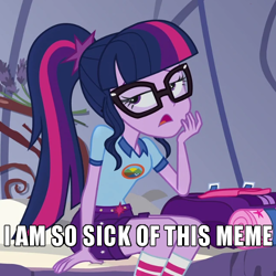 Size: 500x500 | Tagged: safe, edit, edited screencap, editor:thedarkpony, screencap, sci-twi, twilight sparkle, equestria girls, g4, my little pony equestria girls: legend of everfree, caption, clothes, cropped, female, image macro, not this shit again, shorts, solo, text, tomboy