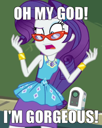 Size: 572x718 | Tagged: safe, edit, edited screencap, screencap, rarity, equestria girls, equestria girls series, g4, happily ever after party, and then there's rarity, bracelet, captain obvious, caption, cropped, dick solomon, female, geode of shielding, glasses, glasses rarity, happily ever after party: rarity, image macro, jewelry, magical geodes, meme, oh my god, projector, rarity peplum dress, rarity's glasses, solo, text, third rock from the sun