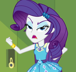 Size: 1139x1080 | Tagged: safe, screencap, rarity, equestria girls, equestria girls series, g4, holidays unwrapped, o come all ye squashful, spoiler:eqg series (season 2), armpits, belt buckle, bracelet, canterlot high, clenched fist, cropped, eyeshadow, female, frown, geode of shielding, gold, hallway, jewelry, lockers, magical geodes, makeup, pendant, rarity peplum dress, sleeveless, solo