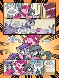Size: 768x1024 | Tagged: safe, artist:kate sherron, idw, official comic, boulder (g4), marble pie, maud pie, pinkie pie, earth pony, pony, g4, spoiler:comic, spoiler:comic86, cake, comic, female, food, mare, one eye closed, preview, siblings, sisters, speech bubble, when she speaks, wink