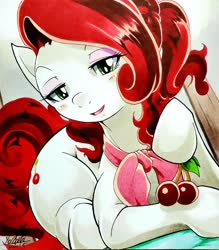 Size: 1792x2048 | Tagged: safe, artist:025aki, cherry jubilee, earth pony, pony, g4, bedroom eyes, blushing, cherry, cute, female, food, jubibetes, looking at you, mare, open mouth, prone, solo, traditional art