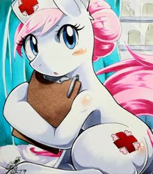 Size: 1800x2048 | Tagged: safe, artist:025aki, nurse redheart, earth pony, pony, g4, blushing, clipboard, cute, ear fluff, female, heartabetes, looking at you, mare, solo