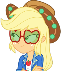 Size: 3025x3543 | Tagged: safe, artist:sketchmcreations, applejack, equestria girls, equestria girls specials, g4, my little pony equestria girls: better together, my little pony equestria girls: sunset's backstage pass, applejack's festival hat, applejack's sunglasses, bust, clothes, crossed arms, dress, female, glasses, hat, high res, jacket, music festival outfit, simple background, smiling, solo, sunglasses, transparent background, vector