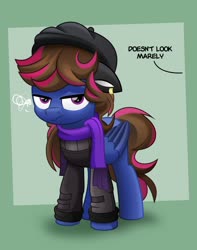 Size: 800x1016 | Tagged: safe, artist:jhayarr23, oc, oc only, pegasus, pony, clothes, female, grumpy, hat, mare, multicolored hair, scarf, solo, squint, sweater, unamused
