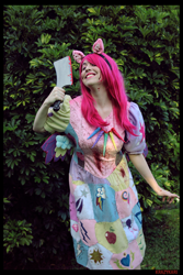 Size: 3456x5184 | Tagged: safe, artist:krazykari, pinkie pie, human, fanfic:cupcakes, g4, clothes, cosplay, costume, cutie mark dress, horn, horn necklace, irl, irl human, meat cleaver, necklace, photo, pinkamena diane pie, severed horn, solo