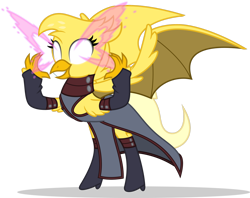 Size: 1280x1016 | Tagged: safe, artist:mlp-trailgrazer, oc, oc only, oc:gilded dash, dragon, dragriff, griffon, hybrid, clothes, cosplay, costume, female, psylocke, simple background, solo, transparent background