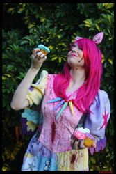 Size: 3456x5184 | Tagged: safe, artist:krazykari, pinkie pie, human, fanfic:cupcakes, g4, clothes, cosplay, costume, cupcake, food, irl, irl human, photo, solo
