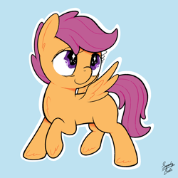 Size: 2000x2000 | Tagged: safe, artist:squeaky-belle, scootaloo, pegasus, pony, g4, blank flank, chest fluff, ear fluff, female, filly, foal, high res, light blue background, raised hoof, signature, simple background, smiling, solo, spread wings, wingding eyes, wings