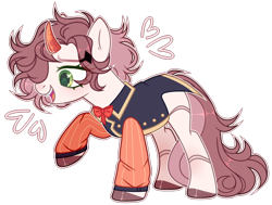 Size: 1920x1453 | Tagged: safe, artist:toffeelavender, oc, oc only, pony, unicorn, barette, bowtie, clothes, colored hooves, colored horn, curved horn, female, green eyes, heart, horn, mare, open mouth, simple background, solo, transparent background, vest