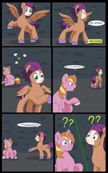 Size: 5000x8000 | Tagged: safe, artist:chedx, oc, oc only, oc:fast hooves, oc:home defence, clydesdale, pegasus, pony, unicorn, comic:the fusion flashback, butt, comic, commissioner:bigonionbean, confused, dialogue, flank, forced, fuse, fusion, fusion:big macintosh, fusion:flash sentry, fusion:shining armor, fusion:trouble shoes, large butt, magic, merging, parent:big macintosh, parent:shining armor, plot, potion, swelling, writer:bigonionbean