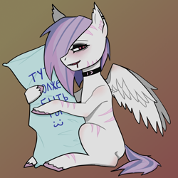 Size: 1024x1024 | Tagged: safe, artist:vitaminka, oc, oc only, oc:candy floss, pegasus, pony, blank flank, blushing, collar, cyrillic, ear fluff, ear piercing, eyeshadow, female, grin, hooves, hug, makeup, piercing, pillow, pillow hug, pink eyes, pink hair, russian, simple background, smiling, solo, spread wings, stripes, translated in the description, white coat, wings