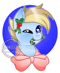 Size: 450x550 | Tagged: safe, artist:helithusvy, part of a set, oc, oc only, pony, blue eyes, bow, candy, candy cane, commission, cute, food, heart eyes, holly, male, mouth hold, one eye closed, simple background, transparent background, wingding eyes, wink, winking at you, ych result
