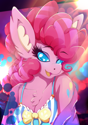 Size: 1358x1920 | Tagged: safe, artist:rariedash, pinkie pie, earth pony, anthro, alternative cutie mark placement, breasts, chest fluff, cleavage, cleavage fluff, clothes, cutie mark, ear fluff, eyes closed, female, looking at you, mare, open mouth, shoulder cutie mark, smiling, solo