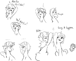 Size: 1852x1501 | Tagged: safe, artist:luciferamon, oc, oc only, oc:iuth, oc:kate, pony, unicorn, ..., backwards ballcap, baseball cap, black and white, cap, comic, dialogue, embarrassed, eyes closed, grayscale, hat, high five, lineart, monochrome, open mouth, simple background, sitting, smiling, underhoof, white background