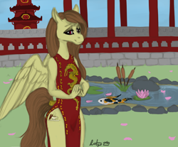 Size: 1134x938 | Tagged: safe, artist:sondy, oc, oc only, oc:cinnamon chai, dragon, fish, koi, pegasus, anthro, anthro oc, cattails, cheongsam, cherry blossoms, clothes, cup, flower, flower blossom, hands together, legs, lilypad, lotus (flower), pagoda, pond, red eyes, side slit, tail, tail wrap, teacup