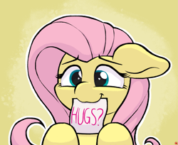 Size: 2041x1665 | Tagged: safe, artist:ljdamz1119, fluttershy, pegasus, pony, g4, abstract background, bronybait, cute, female, floppy ears, hug request, mare, mouth hold, note, redraw, shyabetes, solo