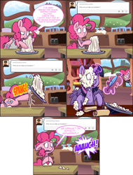 Size: 1602x2106 | Tagged: safe, artist:pippy, pinkie pie, twilight sparkle, alicorn, pony, pinkiepieskitchen, g4, apron, close encounters of the third kind, clothes, food, magic, mashed potatoes, potato, quill, scroll, twilight sparkle (alicorn)