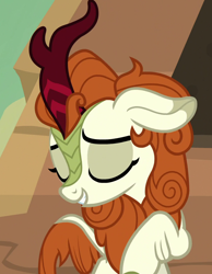 Size: 840x1080 | Tagged: safe, screencap, autumn blaze, kirin, g4, sounds of silence, cropped, eyes closed, female, horn, smiling, solo