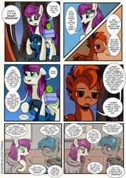 Size: 2480x3508 | Tagged: safe, artist:dsana, oc, oc:fireweed, oc:lullaby dusk, oc:rust wing, oc:thistledown, earth pony, pegasus, pony, comic:a storm's lullaby, colt, comic, crying, female, filly, forest, high res, male, mare, talking