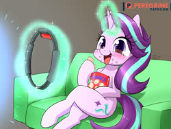 Size: 1600x1200 | Tagged: safe, artist:phoenixperegrine, starlight glimmer, pony, unicorn, g4, blushing, cheating, chips, eating, exercise, female, food, lazy, levitation, magic, mare, nintendo switch, patreon, patreon logo, potato chips, ring fit adventure, sitting, solo, telekinesis, you're doing it wrong