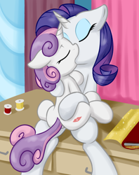 Size: 1190x1500 | Tagged: safe, alternate version, artist:fearingfun, edit, rarity, sweetie belle, pony, unicorn, g4, age difference, belle sisters, butt, comments locked down, explicit source, eyes closed, female, filly, floppy ears, foal, implied butt kissing, incest, kiss mark, kiss on the lips, kissing, lesbian, lipstick, mare, mare on filly, plot, raricest, ship:raribelle, shipping, siblings, sisters, sitting, spool, sweetie butt