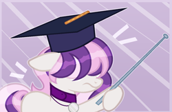 Size: 1104x720 | Tagged: safe, artist:rerorir, oc, oc only, earth pony, pony, abstract background, base used, choker, female, graduation cap, hat, hoof hold, mare, solo