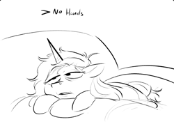 Size: 1600x1200 | Tagged: safe, artist:imsokyo, lyra heartstrings, pony, unicorn, g4, 4chan, couch, drawthread, female, hand, monochrome, solo, text, that pony sure does love hands, tired