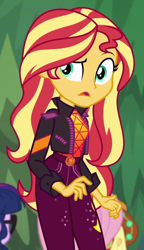Size: 539x934 | Tagged: safe, screencap, applejack, fluttershy, sci-twi, sunset shimmer, twilight sparkle, equestria girls, equestria girls series, g4, sunset's backstage pass!, spoiler:eqg series (season 2), cropped, female, music festival outfit