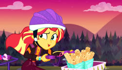Size: 1280x731 | Tagged: safe, screencap, sunset shimmer, equestria girls, equestria girls specials, g4, my little pony equestria girls: better together, my little pony equestria girls: sunset's backstage pass, basket, bicycle, cap, churros, clock, cloud, evening, female, food, forest, hat, mountain, ride, sunset, waffle, watch