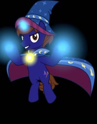 Size: 800x1019 | Tagged: safe, artist:mlp-trailgrazer, artist:xaldinwolfgang, edit, vector edit, oc, oc only, oc:xaldin wolfgang, pony, unicorn, black background, brooch, cape, cloak, clothes, flying, glowing, glowing horn, hat, horn, powerful, simple background, solo, vector, wizard, wizard hat, wizard robe