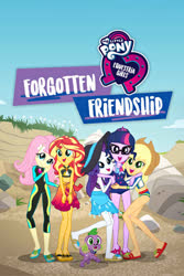 Size: 682x1024 | Tagged: safe, applejack, fluttershy, rarity, sci-twi, spike, spike the regular dog, sunset shimmer, twilight sparkle, dog, equestria girls, equestria girls series, forgotten friendship, g4, beach, clothes, cowboy hat, equestria girls logo, feet, female, flip-flops, glasses, hasbro, hat, legs, looking at you, my little pony logo, sand, sandals, sarong, skirt, smiling, stetson, stone, swimsuit