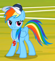 Size: 1000x1106 | Tagged: safe, screencap, rainbow dash, pony, 2 4 6 greaaat, g4, baseball cap, cap, coach rainbow dash, cropped, female, hat, lidded eyes, looking at you, solo, whistle, whistle necklace