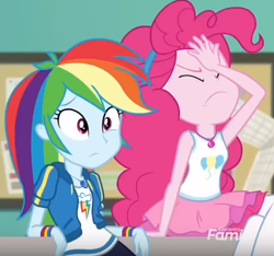 Size: 463x434 | Tagged: safe, edit, edited screencap, screencap, pinkie pie, rainbow dash, equestria girls, equestria girls specials, g4, my little pony equestria girls: better together, my little pony equestria girls: forgotten friendship, confused, cropped, discovery family logo, facepalm, geode of sugar bombs, geode of super speed, magical geodes, pinkie pie is not amused, unamused