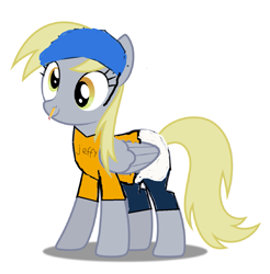 Size: 1111x1128 | Tagged: safe, artist:jawsandgumballfan24, derpy hooves, pegasus, pony, g4, 1000 hours in ms paint, clothes, cosplay, costume, helmet, jeffy, shirt, shoes, shorts, supermariologan, t-shirt, wat