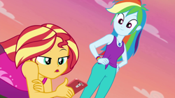 Size: 1920x1080 | Tagged: safe, screencap, rainbow dash, sunset shimmer, equestria girls, equestria girls series, g4, wake up!, spoiler:choose your own ending (season 2), spoiler:eqg series (season 2), cellphone, clothes, female, geode of super speed, hand on hip, magical geodes, pants, phone, sky, smartphone, tank top, wake up!: rainbow dash, yoga pants