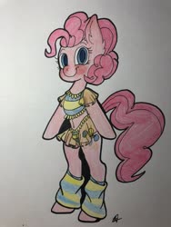 Size: 3024x4032 | Tagged: safe, artist:katyusha, pinkie pie, earth pony, pony, g4, belly button, bipedal, blushing, bra, clothes, crop top bra, cute, lingerie, midriff, panties, see-through, solo, striped underwear, traditional art, underwear