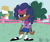 Size: 800x667 | Tagged: safe, artist:mirabuncupcakes15, twilight sparkle, human, friendship is magic, g4, my little pony: friendship is magic, alternate hairstyle, annoyed, clothes, cute, dark skin, female, fence, grass, humanized, mary janes, messy hair, plaid skirt, scene interpretation, shirt, skirt, socks, solo, t-shirt, tree, twilight poofle, twilight sparkle is not amused, unamused, vest