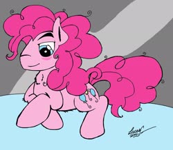 Size: 2048x1789 | Tagged: safe, artist:lucas_gaxiola, pinkie pie, earth pony, pony, g4, blushing, bubble berry, male, prone, rule 63, signature, solo, stallion