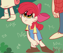 Size: 800x666 | Tagged: safe, artist:mirabuncupcakes15, apple bloom, big macintosh, human, friendship is magic, g4, adorabloom, apple bloom's bow, boots, bow, brother and sister, clothes, cute, denim dress, dress, female, flannel, grass, hair bow, humanized, jeans, male, overalls, pants, sad, scene interpretation, shirt, shoes, siblings, t-shirt