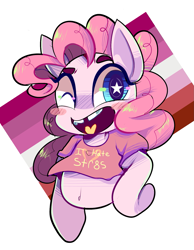 Size: 1377x1770 | Tagged: safe, artist:peachesandcreamated, pinkie pie, earth pony, pony, semi-anthro, g4, arm hooves, blush sticker, blushing, cute, dissonant caption, female, heterophobia, lesbian pride flag, mare, mouthpiece, one eye closed, open mouth, pink, pride, pride flag, simple background, smiling, solo, starry eyes, subversive kawaii, text, white background, wingding eyes, wink