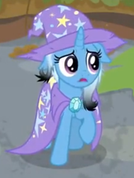 Size: 416x550 | Tagged: safe, screencap, trixie, pony, unicorn, a horse shoe-in, g4, about to cry, cape, clothes, cropped, cute, diatrixes, female, floppy ears, frown, hat, heartbreak, mare, messy mane, open mouth, poor trixie, raised hoof, trixie's cape, trixie's hat, upset