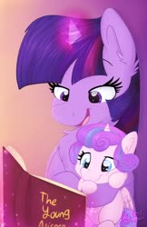 Size: 1280x1978 | Tagged: safe, artist:lbrcloud, princess flurry heart, twilight sparkle, alicorn, pony, g4, aunt and niece, auntie twilight, baby, baby pony, best aunt ever, book, chest fluff, cute, duo, ear fluff, female, flurrybetes, gradient background, magic, mare, open mouth, reading, telekinesis, twiabetes, twilight is bae, twilight sparkle (alicorn)