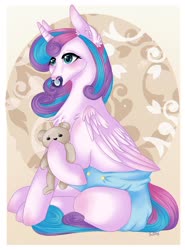 Size: 1902x2577 | Tagged: safe, artist:themstap, princess flurry heart, alicorn, pony, g4, abdl, adult foal, blue diaper, blushing, diaper, diaper fetish, female, fetish, non-baby in diaper, older, older flurry heart, pacifier, safety pin, sitting, solo, teddy bear, ych result