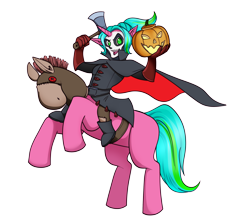 Size: 2700x2400 | Tagged: safe, artist:riddleaellinea, oc, oc only, oc:jello, earth pony, imp, pony, axe, cape, clothes, costume, duo, earth pony oc, gloves, head swap, high res, horn, pumpkin, rearing, riding, simple background, transparent background, weapon