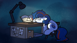 Size: 1920x1080 | Tagged: safe, artist:anonymous, oc, oc only, oc:nasapone, earth pony, pony, desk, earth pony oc, ethereal mane, floppy ears, lamp, sitting, sleeping, solo, space, starry mane, stars