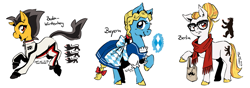 Size: 1417x500 | Tagged: safe, artist:taritoons, oc, oc only, unnamed oc, pony, baden-württemberg, bavaria, berlin, clothes, dirndl, dress, folk costume, germany, glasses, hipster, jumpsuit, nation ponies, ponified, scarf, simple background, white background