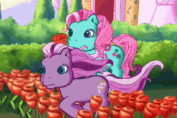 Size: 720x480 | Tagged: safe, screencap, minty, wysteria, earth pony, pony, g3, the princess promenade, angry, animated, castle, celebration castle, cute, dangerous, dexterous hooves, duo, facehoof, female, flower, garden, mare, marshmelodrama, mintabetes, narrowed eyes, overreacting, ponyville (g3), running, sound, teeth, ugly, webm, weeds, worried, wysteria being rarity, wysteriadorable