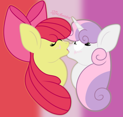 Size: 1461x1389 | Tagged: safe, artist:puperhamster, apple bloom, sweetie belle, earth pony, pony, unicorn, g4, blushing, bust, female, kissing, lesbian, ship:sweetiebloom, shipping