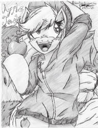 Size: 735x960 | Tagged: safe, artist:petanoprime, applejack, earth pony, pony, g4, apple, arm behind head, chest fluff, clothes, female, food, freckles, grayscale, hat, hoodie, hoof hold, mare, monochrome, on back, open mouth, signature, smiling, solo, text, traditional art